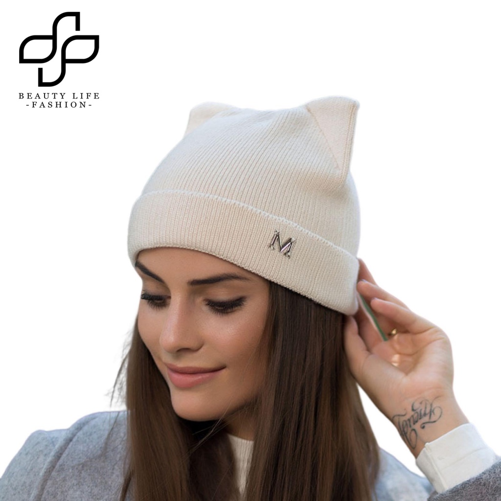 Mũ Beanie Dệt Kim Màu Trơn Co Giãn Tốt Thời Trang Thu Đông Dành Cho Nữ