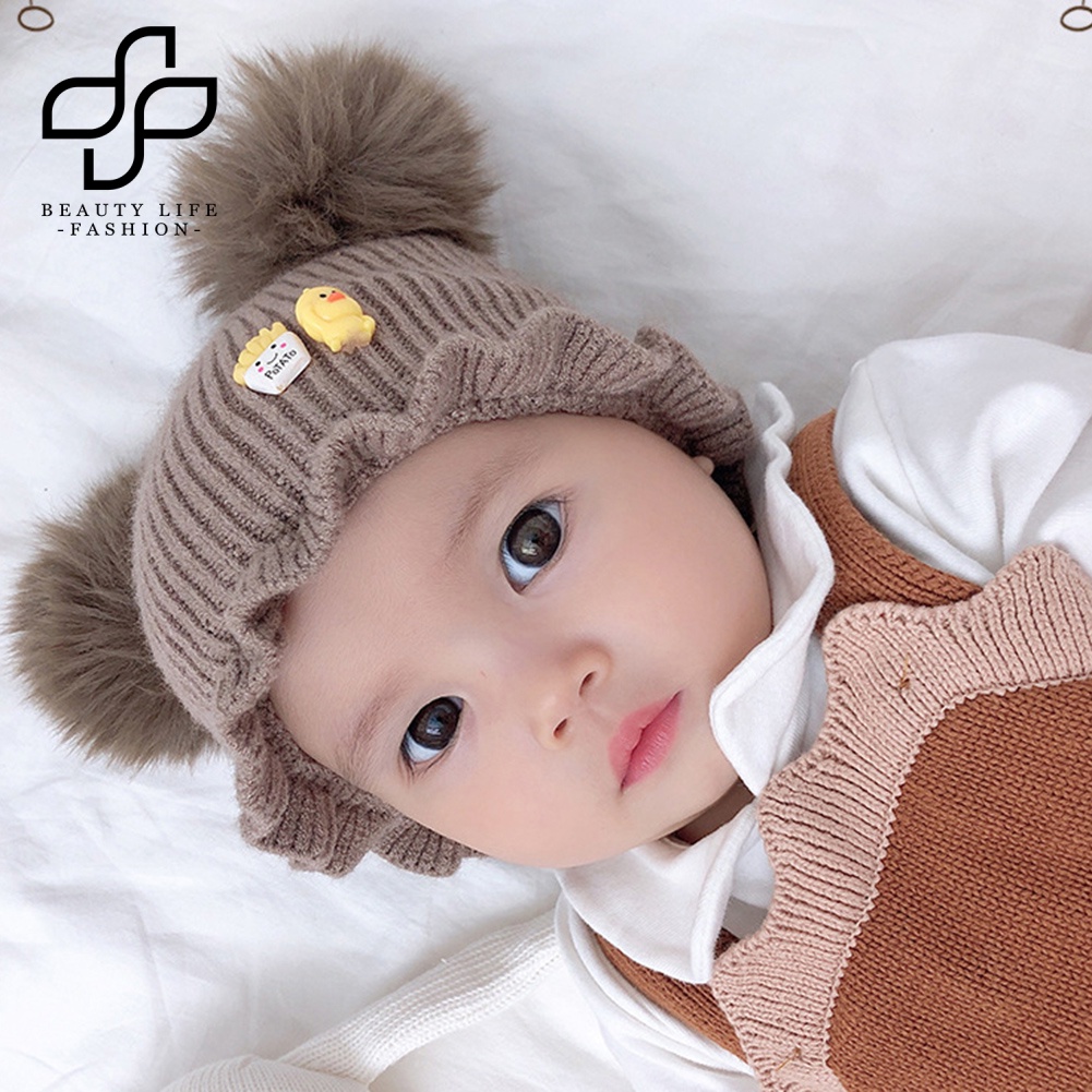 Mũ Len Beanie Đính Quả Cầu Lông Xù Giữ Ấm Tai Thời Trang Dành Cho Bé