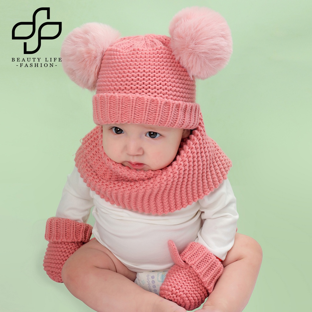 Bộ Nón + Găng Tay Dệt Kim Ấm Áp Màu Trơn Thời Trang Thu Đông Cho Bé