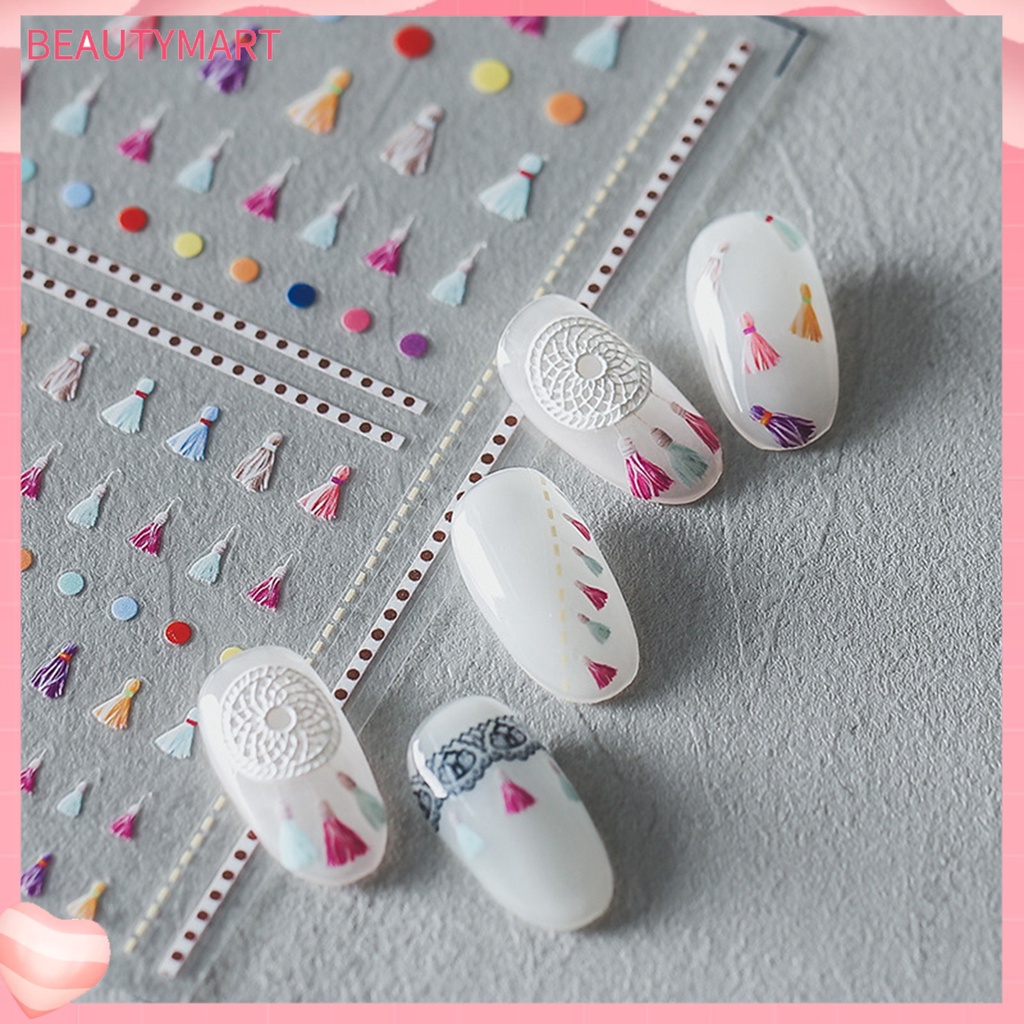 Miếng Dán Trang Trí Móng Tay Tự Dính Họa Tiết Chấm Bi Phối Tua Rua Dễ Thương