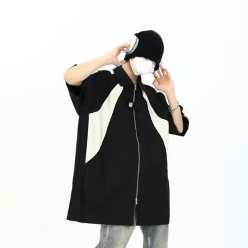 Áo Sơ Mi Tay Ngắn Có Khóa Kéo Màu Trắng Đen Phong Cách Đường Phố Mỹ Cá Tính Cho Nam Và Nữ