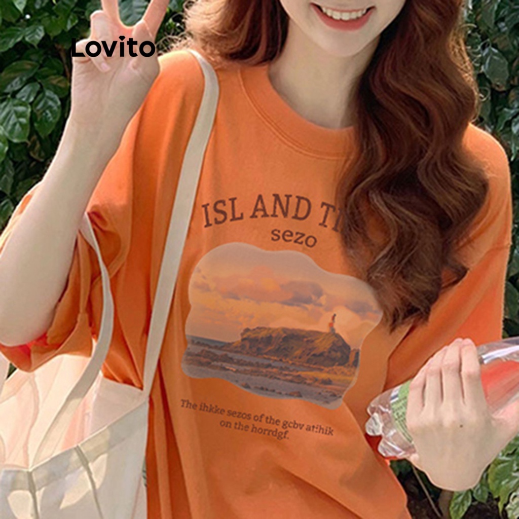 Lovito Áo thun ngắn tay cổ tròn in họa tiết phong cảnh giản dị cho nữ LNA10159 (Quả cam)
