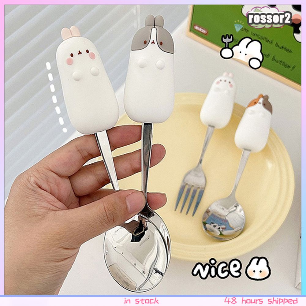Dễ Thương chất béo thỏ vịt 304 thép không gỉ muỗng nĩa đặt giá trị cao trẻ em cô gái mềm xử lý chống thả muỗng Bộ Đồ Ăn-rosser2