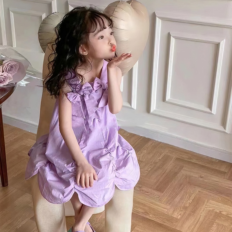 Đầm Hai Dây Phối Nơ Thời Trang Mùa Hè Xinh Xắn Dành Cho Bé Gái 2-7 Tuổi