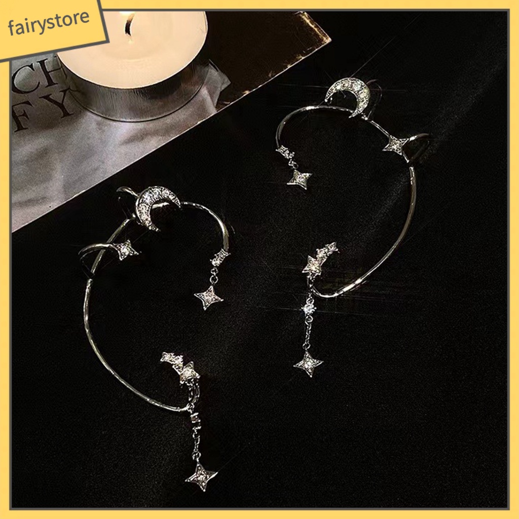 1 Đôi Bông Tai Kẹp Hình Ngôi Sao / Mặt Trăng Đính Đá Lấp Lánh