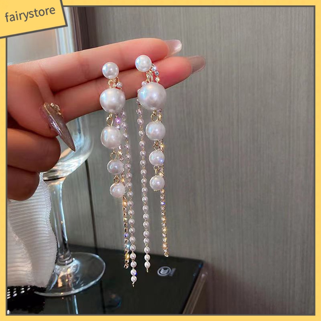 1 Đôi Bông Tai Dáng Dài Đính Ngọc Trai Nhân Tạo Phối Tua Rua Thời Trang