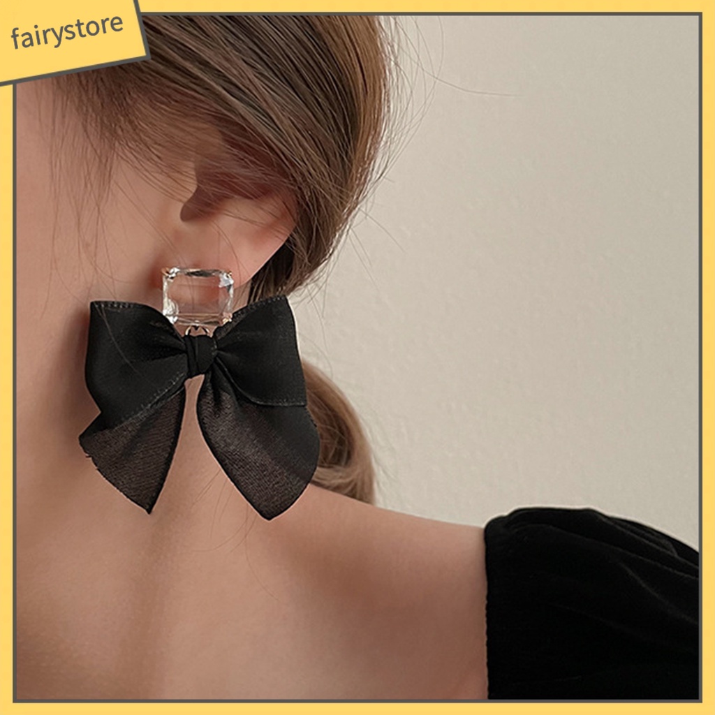 1 Đôi Bông Tai Dài Hình Nơ Bằng Vải Đính Đá Ngọt Ngào Dành Cho Nữ