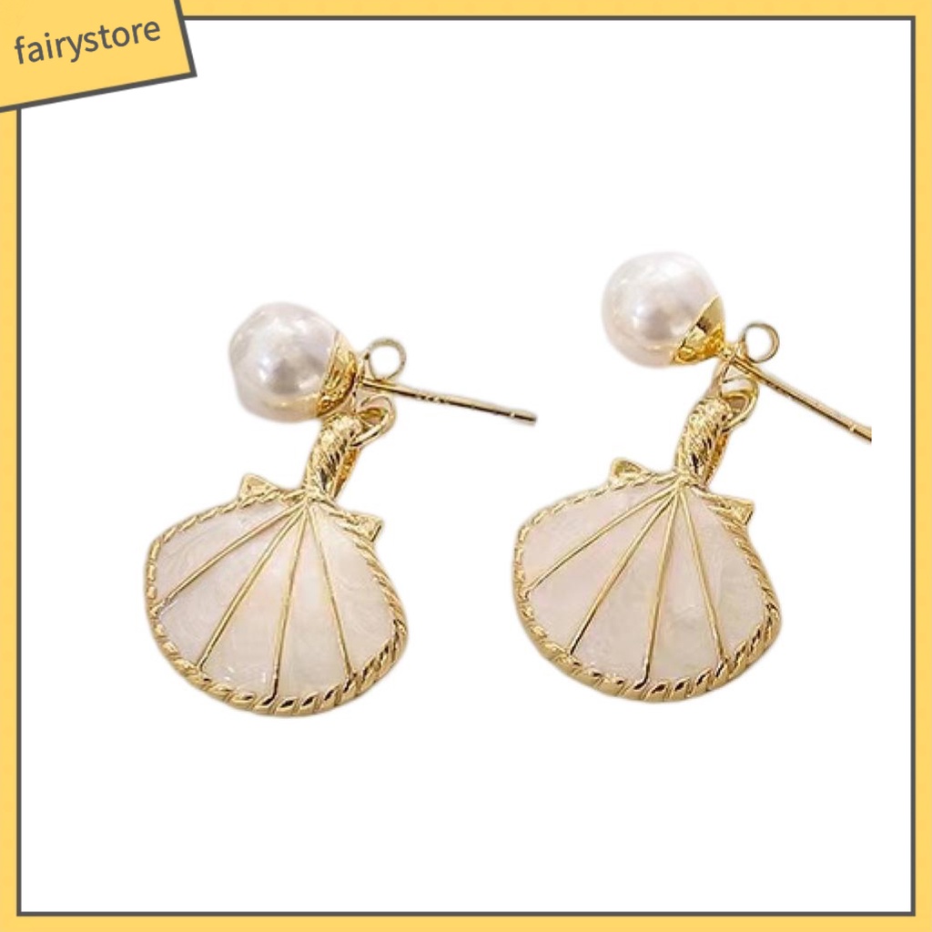 [FRO] 1 Đôi Bông Tai Vỏ Sò Hợp Kim Đính Ngọc Trai Nhân Tạo Nhẹ Nhàng Sang Trọng