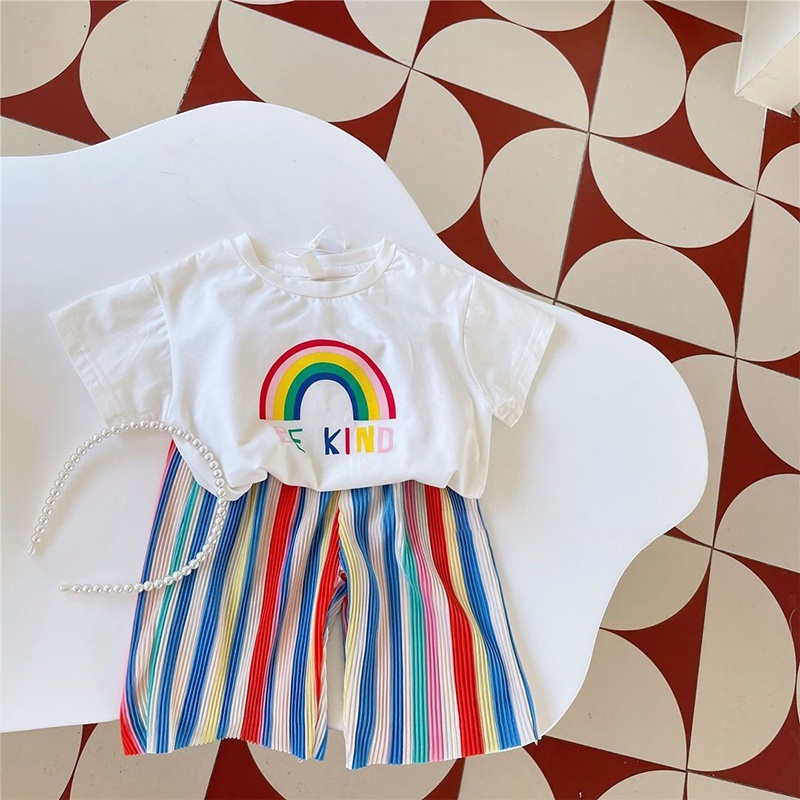 Bộ Áo Thun Màu Cầu Vồng Phối Quần Dài Thời Trang Dễ Thương Cho Bé Gái 2-9 Tuổi