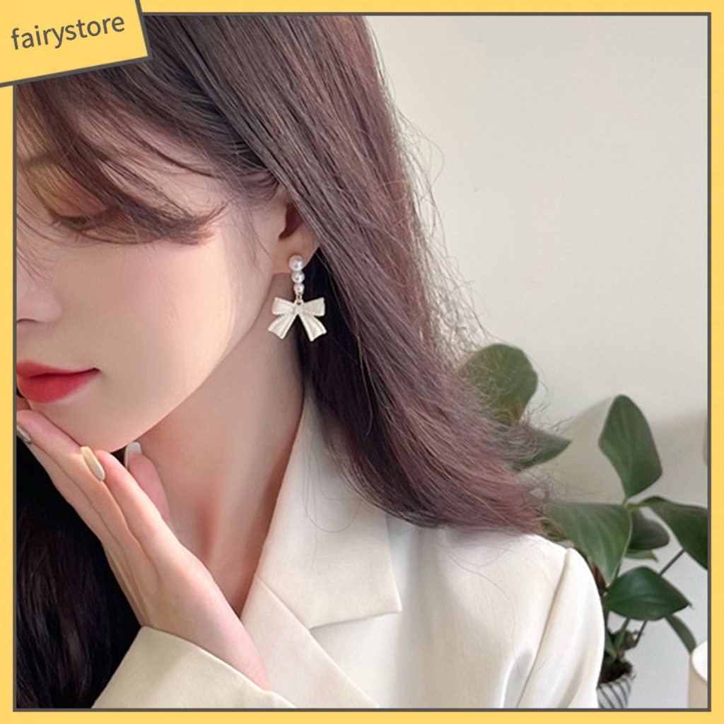 1 Đôi Bông Tai Hình Nơ Đính Ngọc Trai Nhân Tạo Phong Cách Hàn Quốc