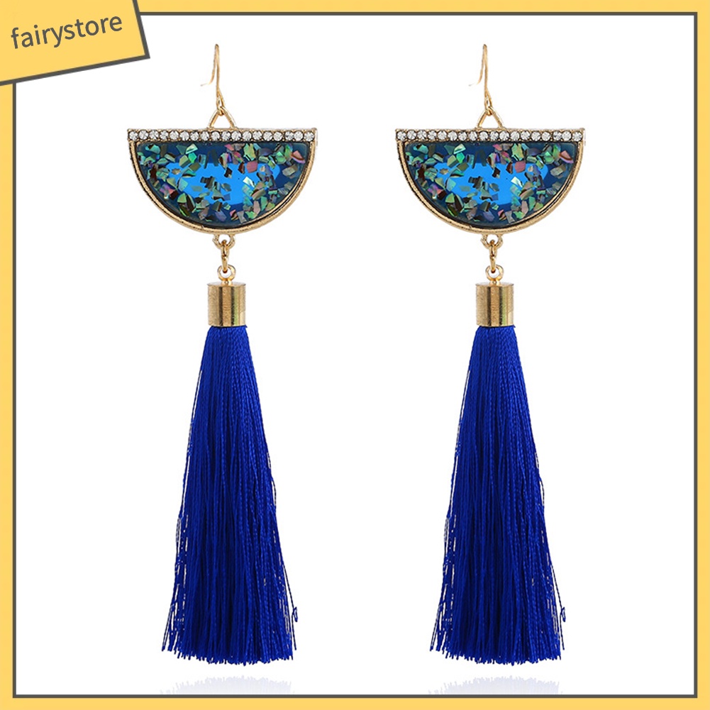 Bông Tai Dáng Dài Đính Đá Phối Tua Rua Hình Quạt Phong Cách Dân Tộc Cổ Điển Thời Trang Cho Nữ