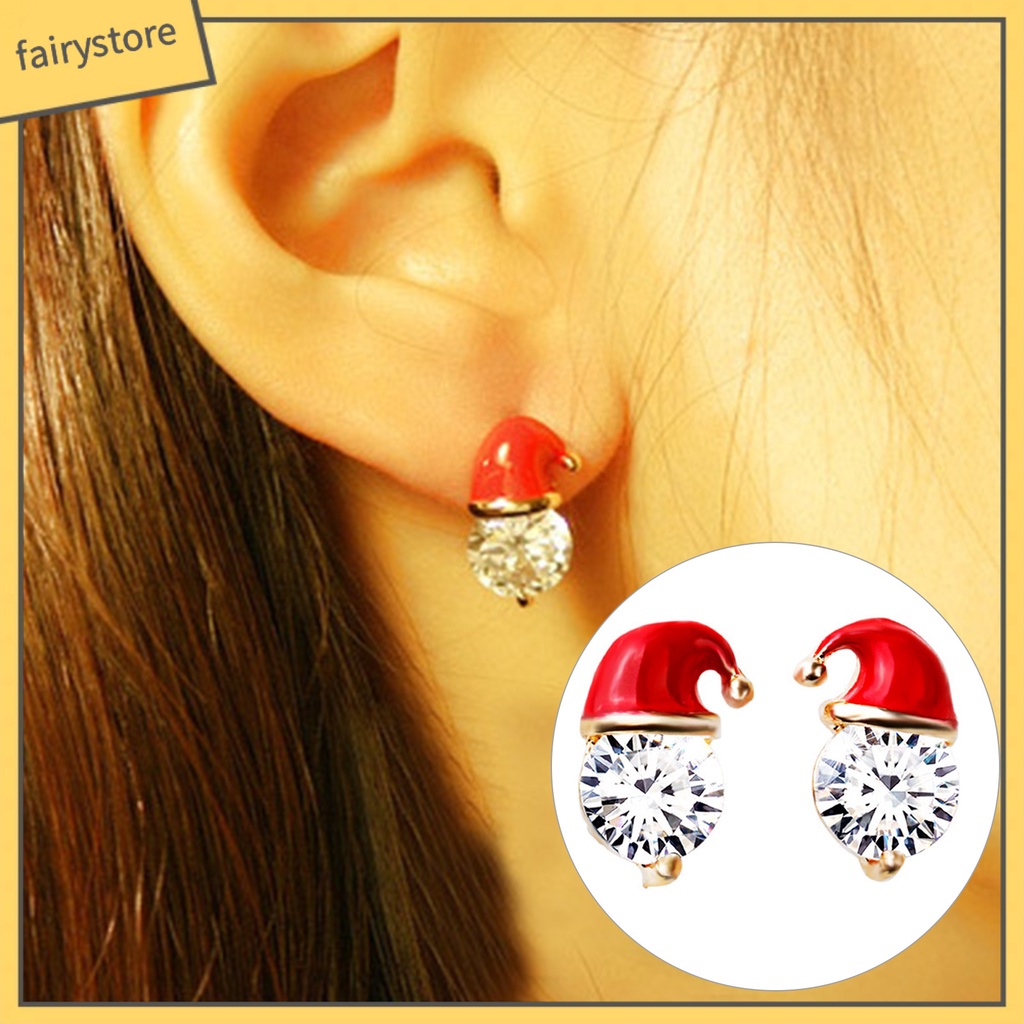 1 Đôi Bông Tai Hình Nón Giáng Sinh Đính Đá Thời Trang Dành Cho Nữ
