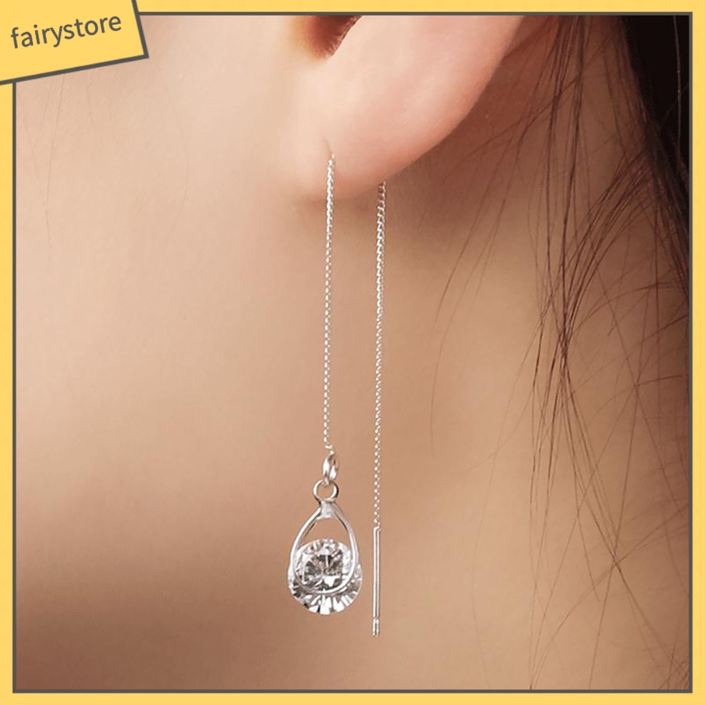 1 Đôi Bông Tai Dài Hình Giọt Nước Đính Kim Cương Giả