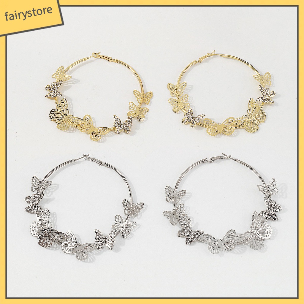 1 Đôi Bông Tai Tròn Đính Đá Hình Bướm 3D Sáng Bóng Phong Cách Vintage Dành Cho Nữ