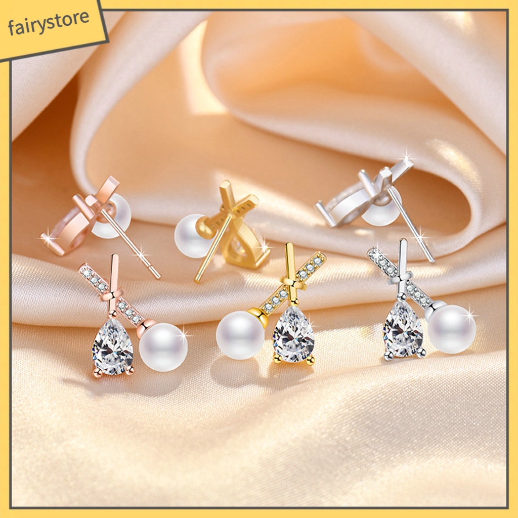 1 Đôi Bông Tai Chữ X Đính Đá Zircon Ngọc Trai Giả Lấp Lánh Phong Cách Pháp