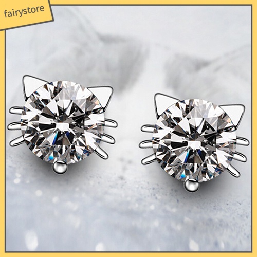 Bông Tai Mạ Bạc 925 Hình Mèo Đính Đá Zircon Dễ Thương