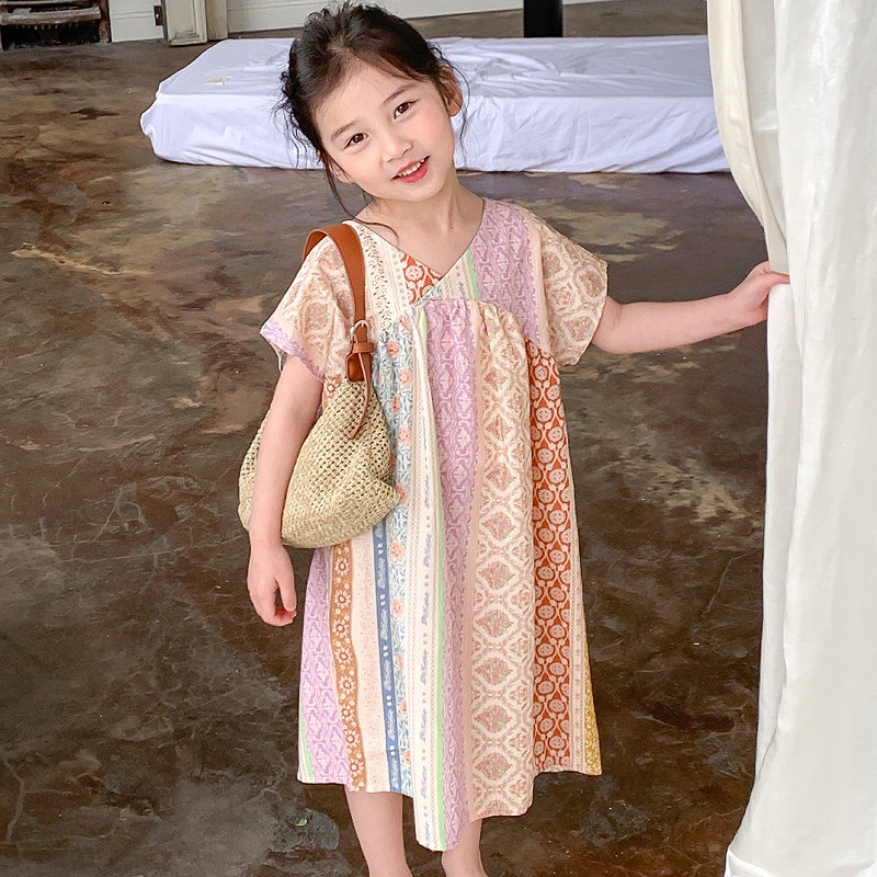 Đầm Công Chúa Cổ Chữ Phong Cách Dân Tộc Thời Trang Mùa Hè Hàng Mới Dành Cho Bé Gái 3-8 Tuổi HZFKC1482