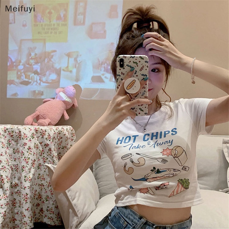 Áo Thun Crop Top Tay Ngắn Cổ Tròn Dáng Ôm In Họa Tiết Thời Trang Mùa Hè Cho Nữ