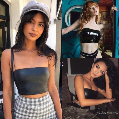 Áo Croptop Sát Nách Chất Liệu Da PU Màu Đen Trơn Gợi Cảm Cho Nữ