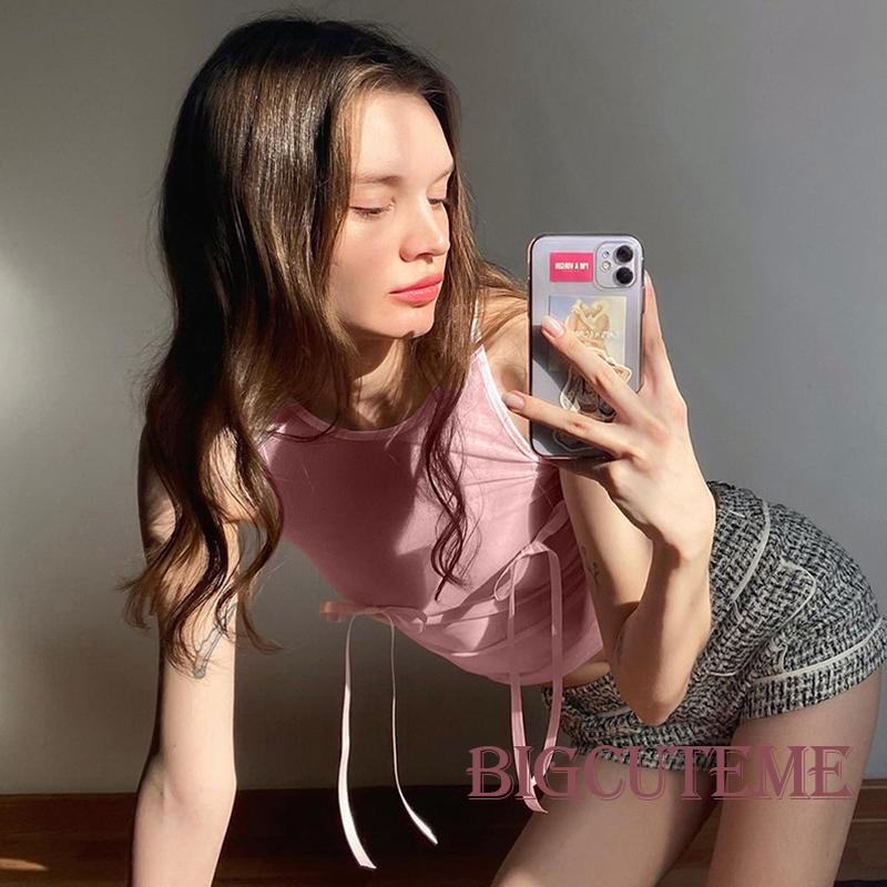 [] - Áo Lưới Không Tay Cổ Tròn Thắt Nơ Trang Trí Mùa Hè Màu Hồng Cho Nữ