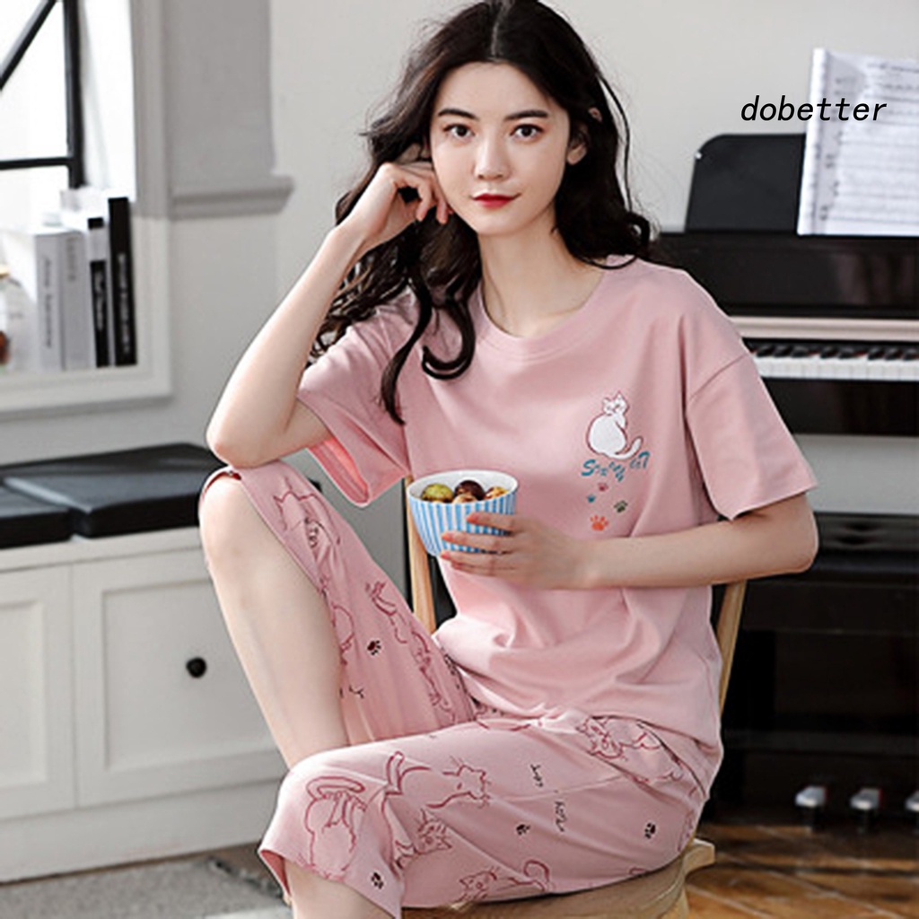 Set Đồ Ngủ 2 Món Gồm Áo Thun Tay Cộc Cổ Tròn + Quần Lưng Thun In Họa Tiết Hoạt Hình Thời Trang Mùa Hè Cho Nữ