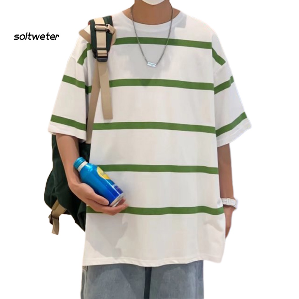 Áo Thun Dáng Rộng Mềm Mại Thoải Mái In Họa Tiết Kẻ Sọc Màu Tương Phản Phong Cách Hip Hop Thời Trang Cho Nam