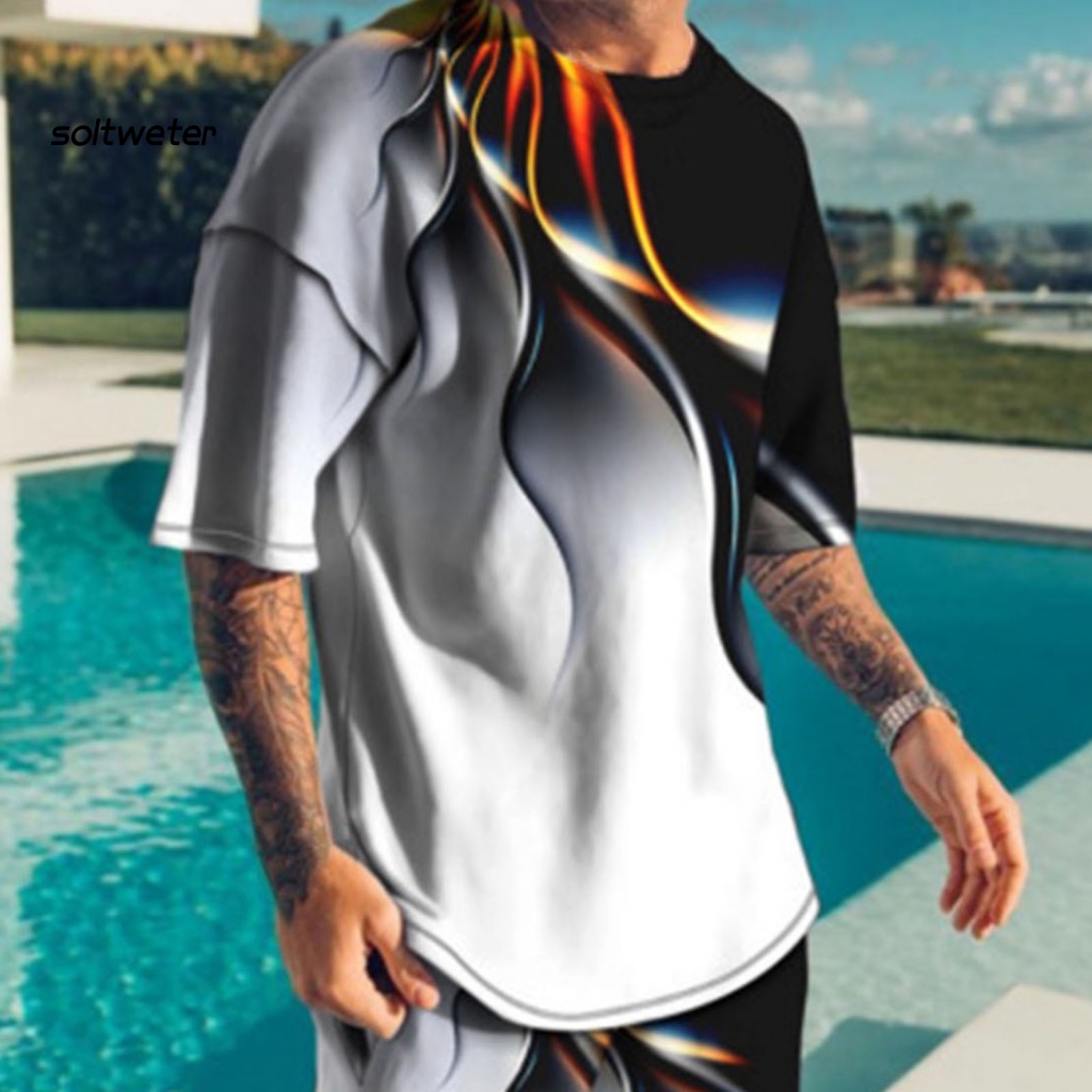 Set Đồ Mùa Hè 2 Món Gồm Áo Thun Tay Cộc Cổ Tròn Có Túi In Họa Tiết Kẻ Sọc 3D + Quần Shorts Cho Nam