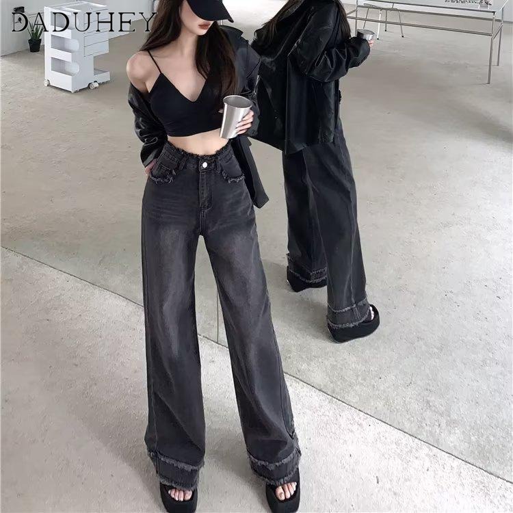Quần jean DaDuHey lưng cao dáng rộng viền thô phong cách retro thời trang INS Hàn Quốc