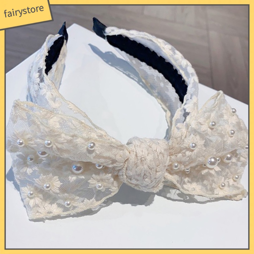 Băng Đô Cài Tóc Bản Rộng Thắt Nút Đính Ngọc Trai Giả Phối Ren Thắt Nơ Xinh Xắn Cho Bạn Gái