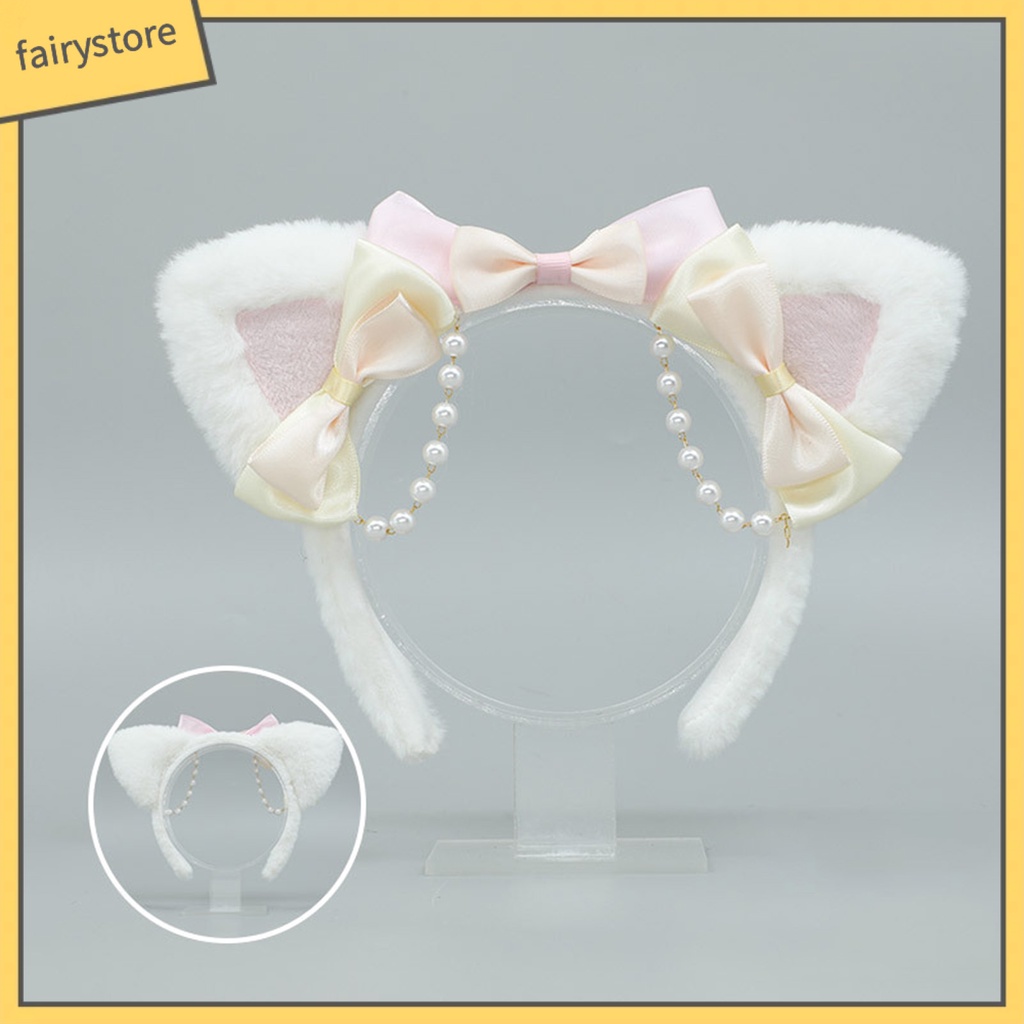 Băng Đô Nơ Tai Mèo Bông Đính Ngọc Trai Nhân Tạo Hóa Trang Lolita