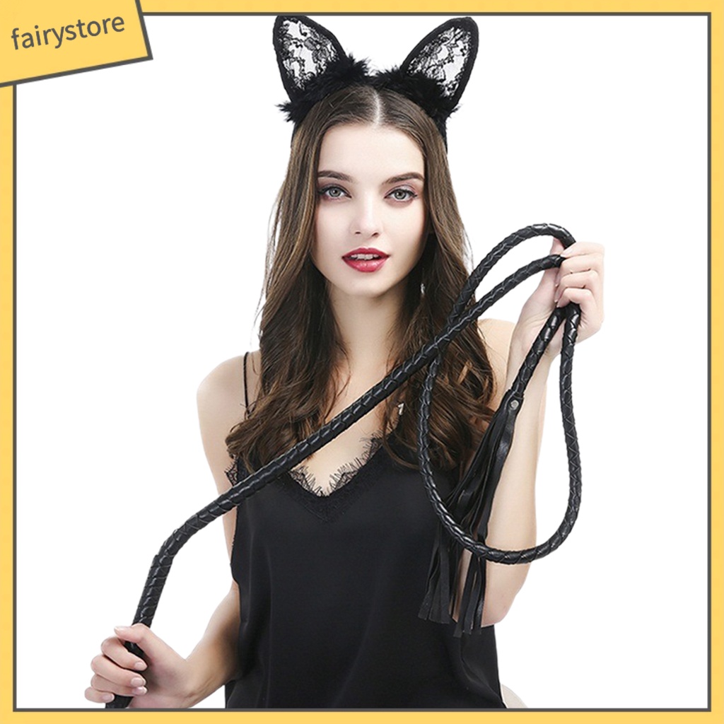 Băng Đô Cài Tóc Hình Tai Mèo Đen Phối Ren Đính Lông Vũ Chống Trượt Trang Trí Tóc
