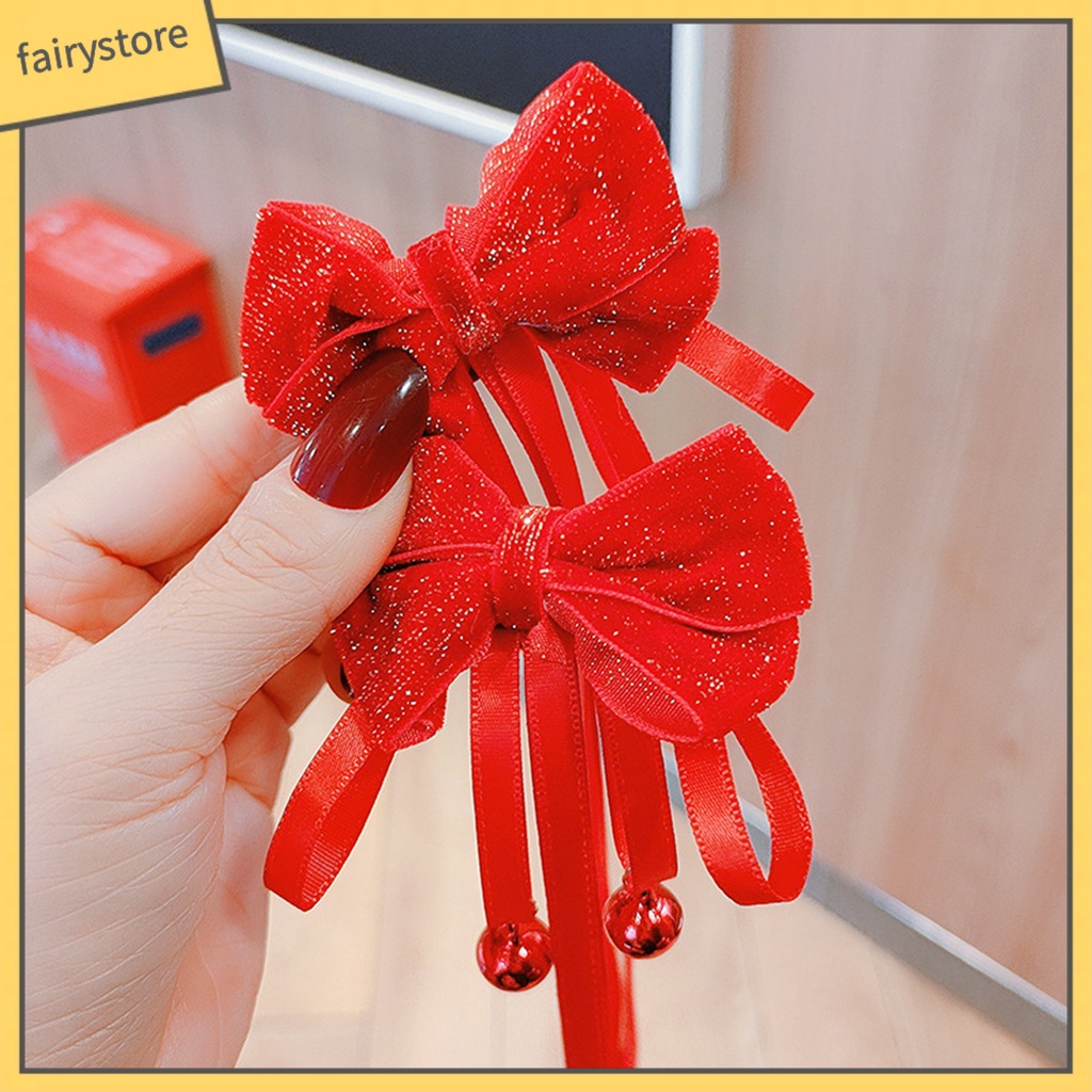 1 Cặp Kẹp Tóc Nơ Ruy Băng Dài Màu Đỏ Dễ Thương Có Chuông Thanh Lịch Dành Cho Bé Gái Mặc Trong Năm Mới