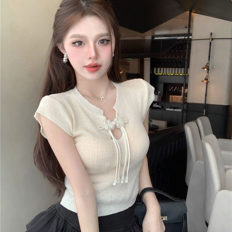 New summer pure style hot girl short-sleeved T-shirt new Chinese retro buckle ice silk sweater women's sexy short shirt