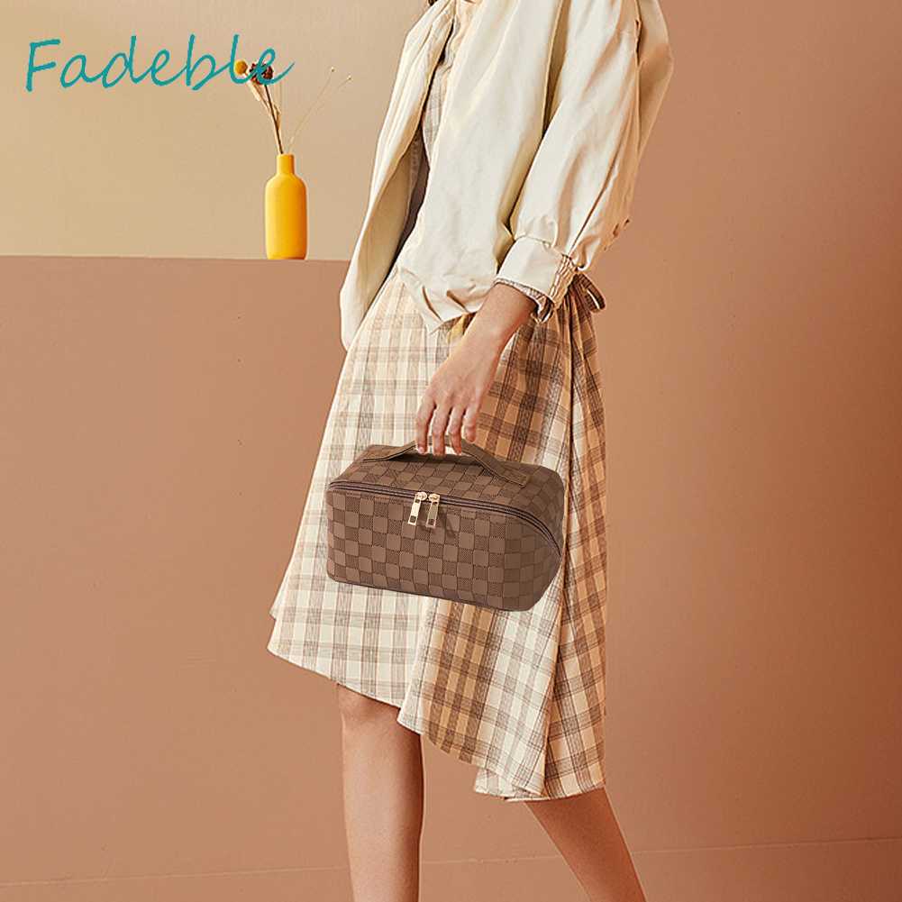 Túi Đựng Mỹ Phẩm Bằng Da PU Sức Chứa Lớn Họa Tiết Kẻ Sọc Thời Trang Mùa Hè Cho