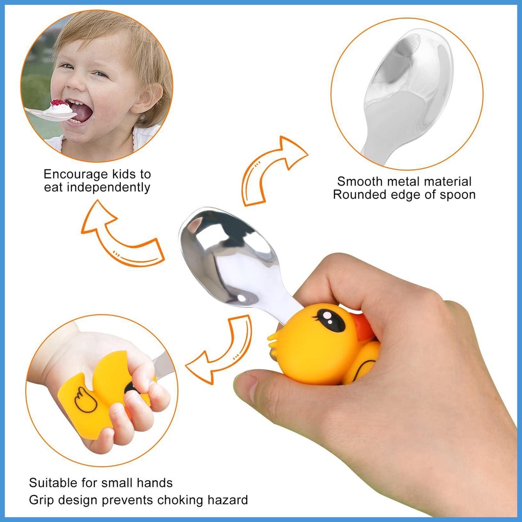 Bộ Muỗng Nĩa Bằng Thép Không Gỉ Hình Vịt Hoạt Hình Chống Trượt An Toàn Cho Bé