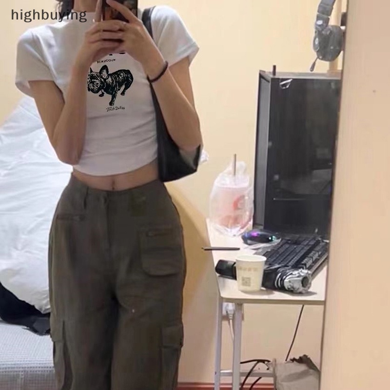 Áo Thun Lửng Ngắn Tay Cổ Tròn In Hình Chó Hoạt Hình Phong Cách Retro Mỹ Cho Nữ