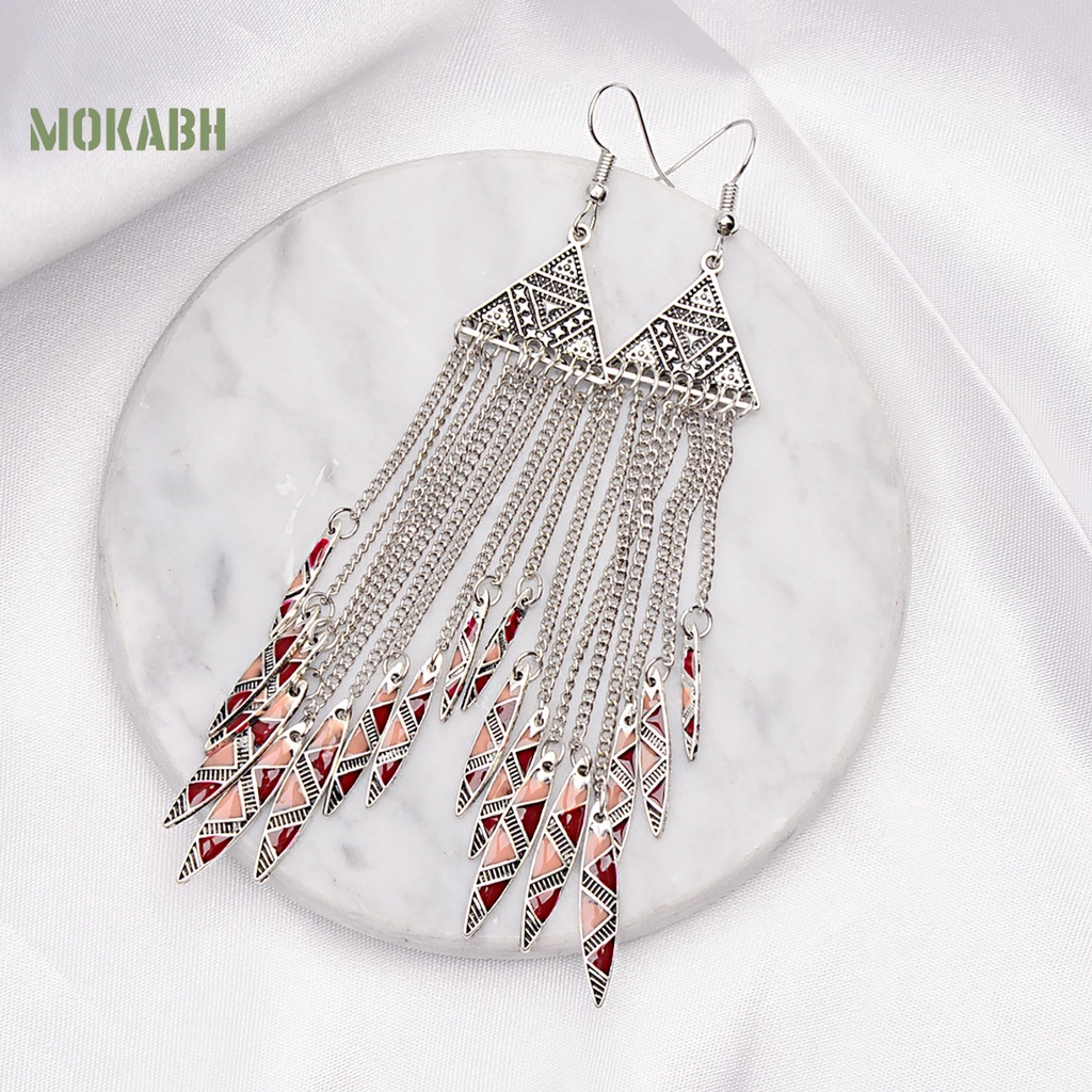 1 Đôi Bông Tai Hình Tam Giác Dạng Móc Tua Rua Dài Phong Cách Vintage