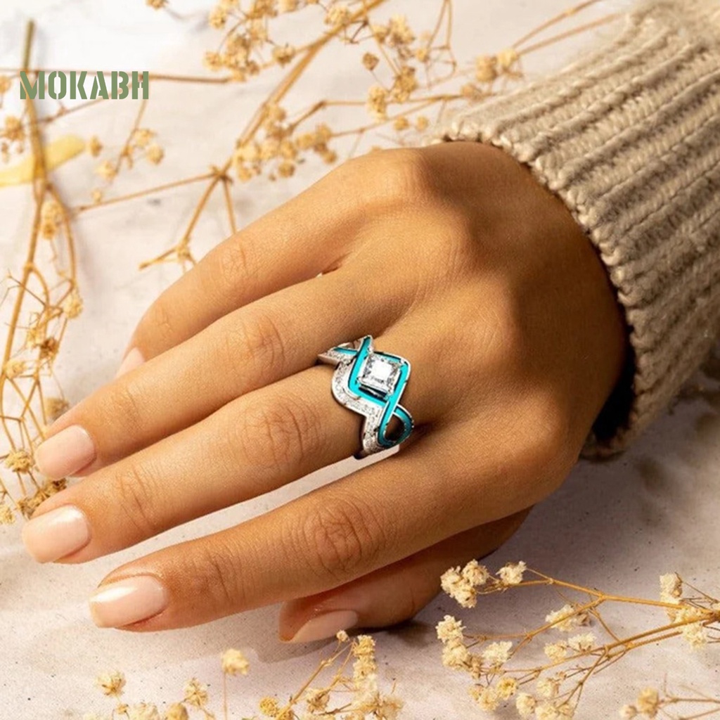 [Mok Abh] Nhẫn Hai Lớp Đính Đá Ngọc Lam Nhân Tạo Hình Sóng Biển Phong Cách Vintage Cho Nữ