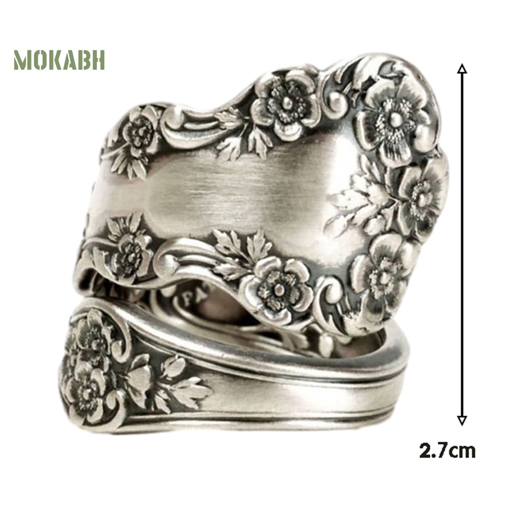 [Mok Abh] Nhẫn Dạng Mở Mạ Điện Họa Tiết Hình Học / Hoa Phong Cách Vintage Có Thể Điều Chỉnh