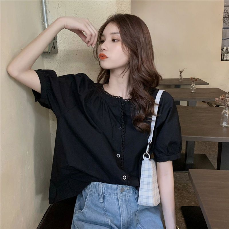 Áo Kiểu Mùa Hè Pháp Tay Cộc Cổ Tròn Dáng Rộng Thiết Kế Ngọt Ngào Dễ Phối Đồ Mẫu Mới 202