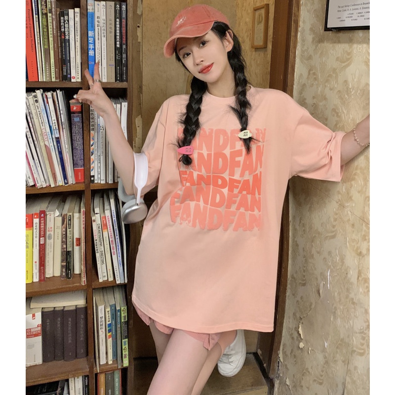 Áo Thun Tay Ngắn Cổ Tròn Dáng Rộng Hoạ Tiết Chữ In Thiết Kế Đơn Giản Thời Trang