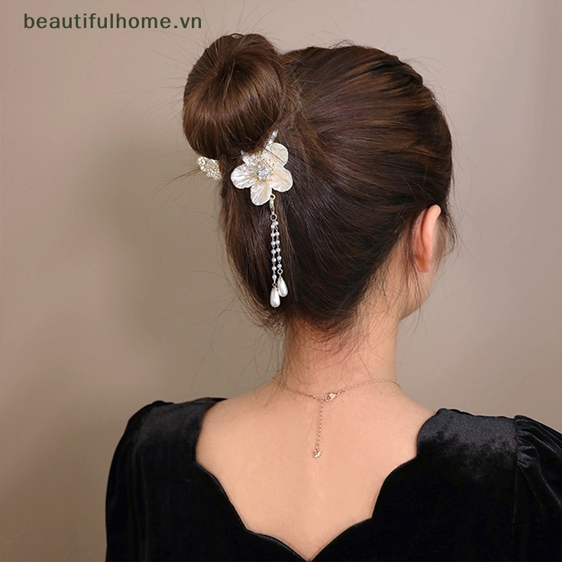 Kẹp Tóc Càng Cua Cố Định Tóc Đuôi Ngựa Đính Hoa Trà Và Ngọc Trai Xinh Xắn Cho Nữ [Beautyhome]
