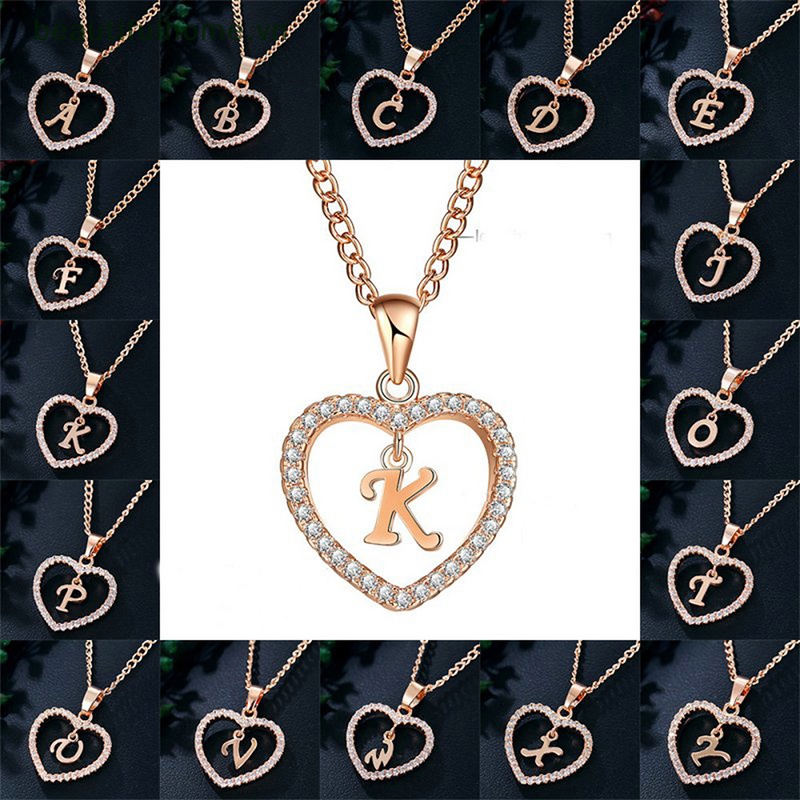Vòng cổ Mặt 26 Chữ Cái Đính Đá Zircon Trái Tim Bằng Thép Không Gỉ Cho Nữ