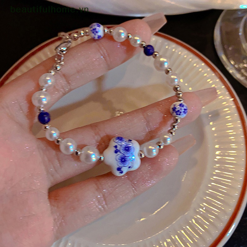 [beautifulhome] Vòng Tay Hoa Sứ Trắng Xanh Trung Quốc Thời Trang Phụ Kiện Trang Sức [beauty]