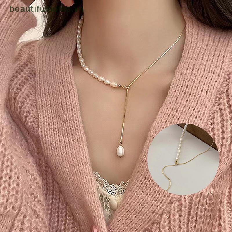 [beautifulhome] Vòng cổ Hạt Ngọc Trai Hình Chữ Y Cổ Điển Không Đối Xứng Phụ Kiện Trang Sức Cô Dâu [beauty]