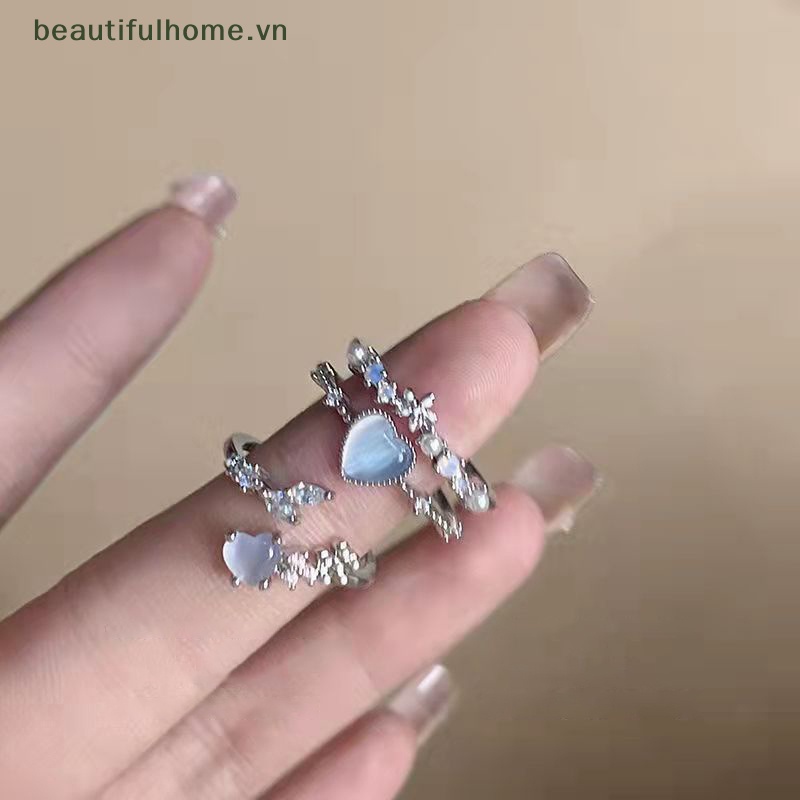 [beautifulhome] Nhẫn Hở Đính Đá Zircon Hình Trái Tim Màu Xanh Navy Có Thể Điều Chỉnh Làm Quà Tặng Trang Sức [beauty]
