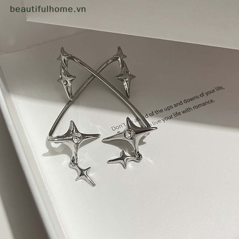 1 Đôi Bông Tai Kẹp Hình Ngôi Sao Màu Bạc Đính Đá Zircon Không Đối Xứng Phong Cách Gothic Thời Trang Cho Nữ