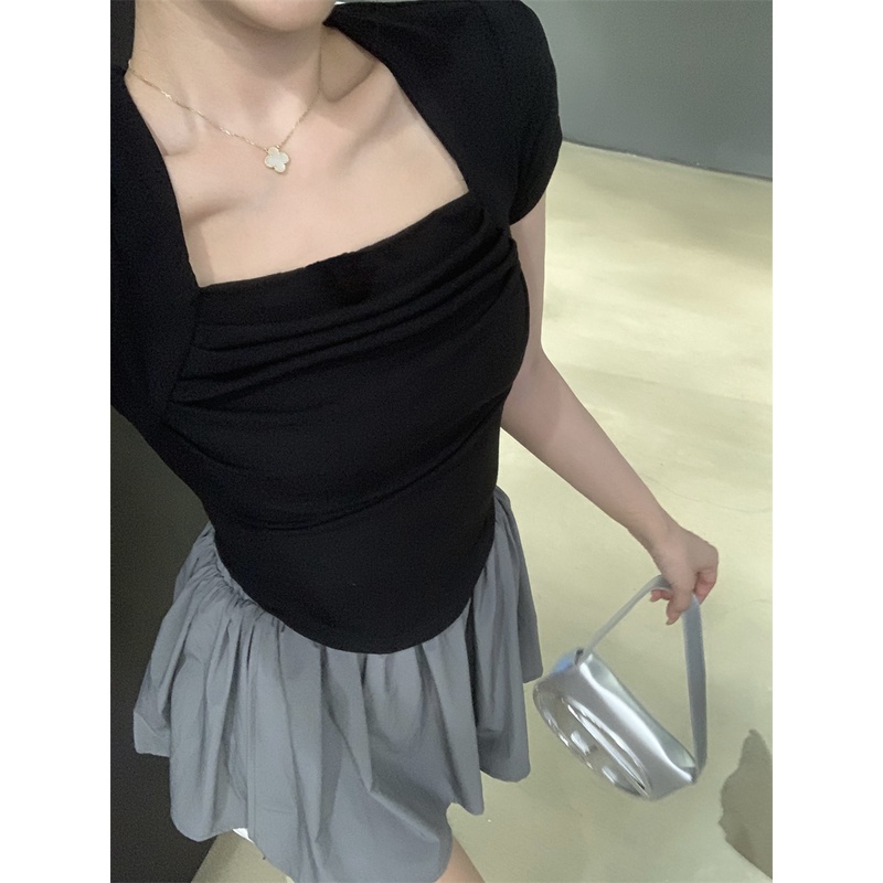 SUXI Set Áo Thun Ngắn Tay Cổ Vuông Và Chân Váy Chữ A Màu Sắc Đơn Giản