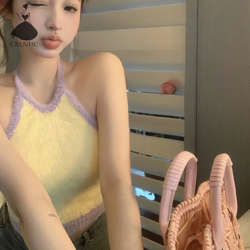 Áo dệt kim CRLNHC hai dây hở lưng dáng ôm thời trang mùa hè quyến rũ cho nữ