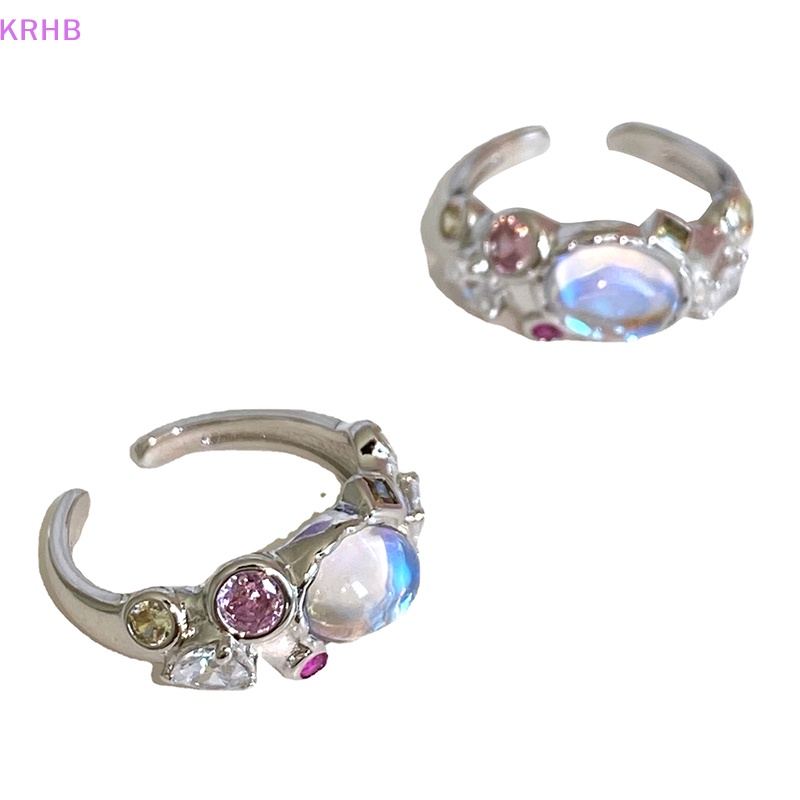 Nhẫn Hở Hình Mặt Trăng Đính Đá Zircon Màu Hồng Xinh Xắn Mới